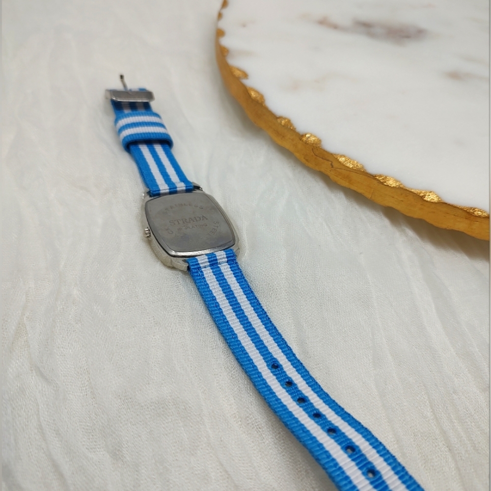 Strada blue and white striped fabric band watch silver tone frame around face - Picture 3 of 8